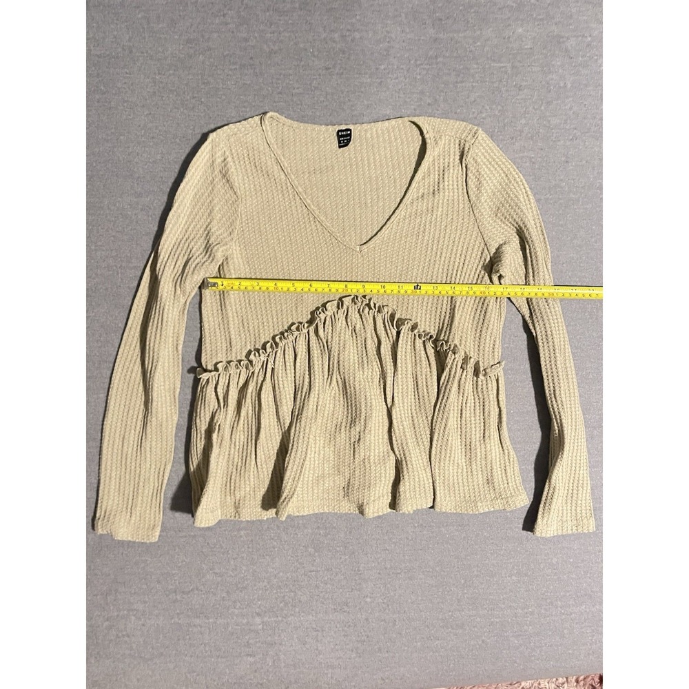 SHEIN Beige Waffle Knit Peplum Top Size Medium Long Sleeve Boho Cottagecore